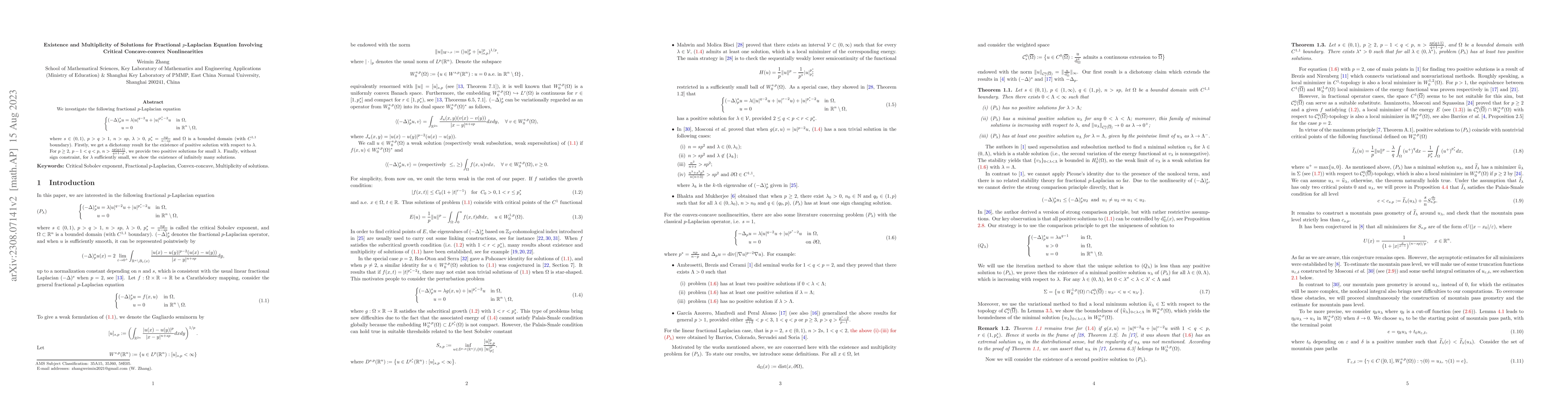 Thumbnail for Existence and Multiplicity of Solutions for Fractional $p$-Laplacian
  Equation Involving Critical Concave-convex Nonlinearities