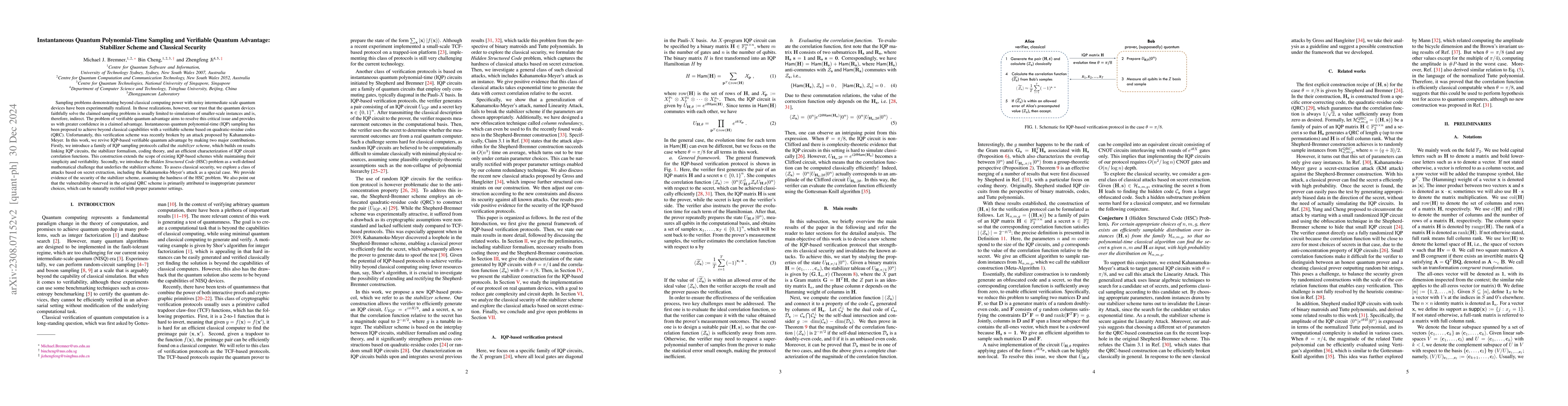 Thumbnail for IQP Sampling and Verifiable Quantum Advantage: Stabilizer Scheme and
  Classical Security