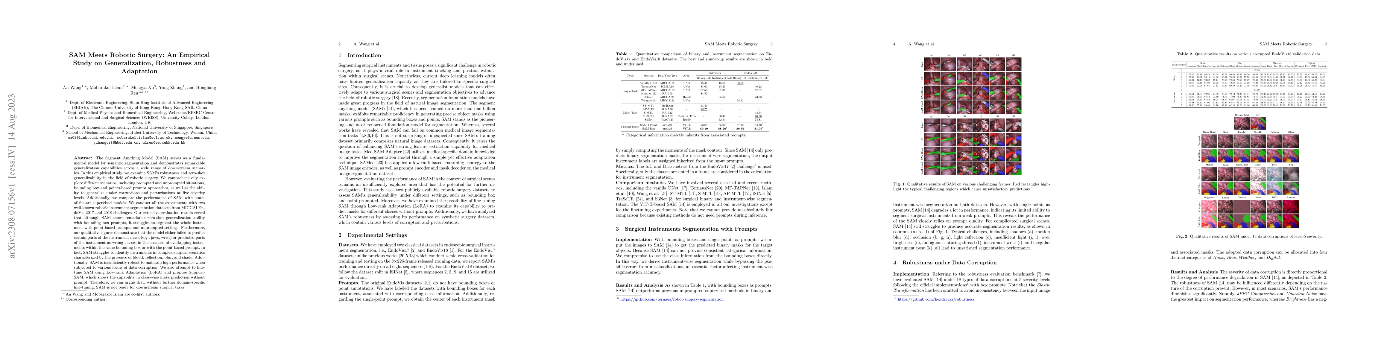 Thumbnail for SAM Meets Robotic Surgery: An Empirical Study on Generalization,
  Robustness and Adaptation
