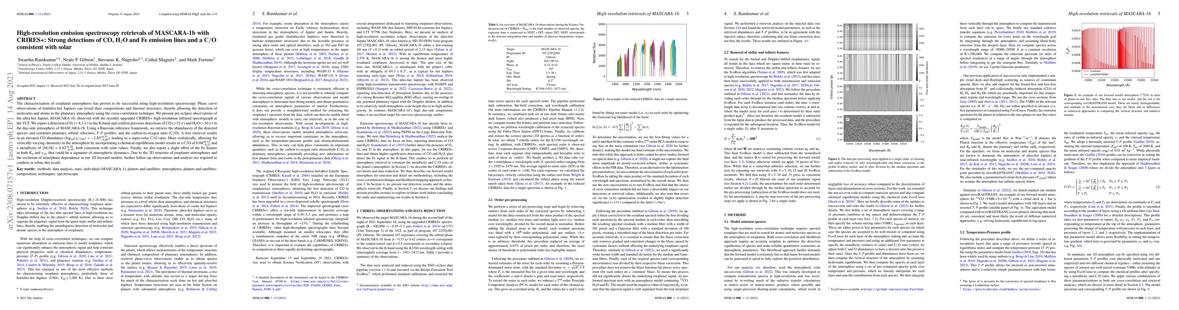 Thumbnail for High-resolution emission spectroscopy retrievals of MASCARA-1b with
  CRIRES+: Strong detections of CO, H$_2$O and Fe emission lines and a C$/$O
  consistent with solar