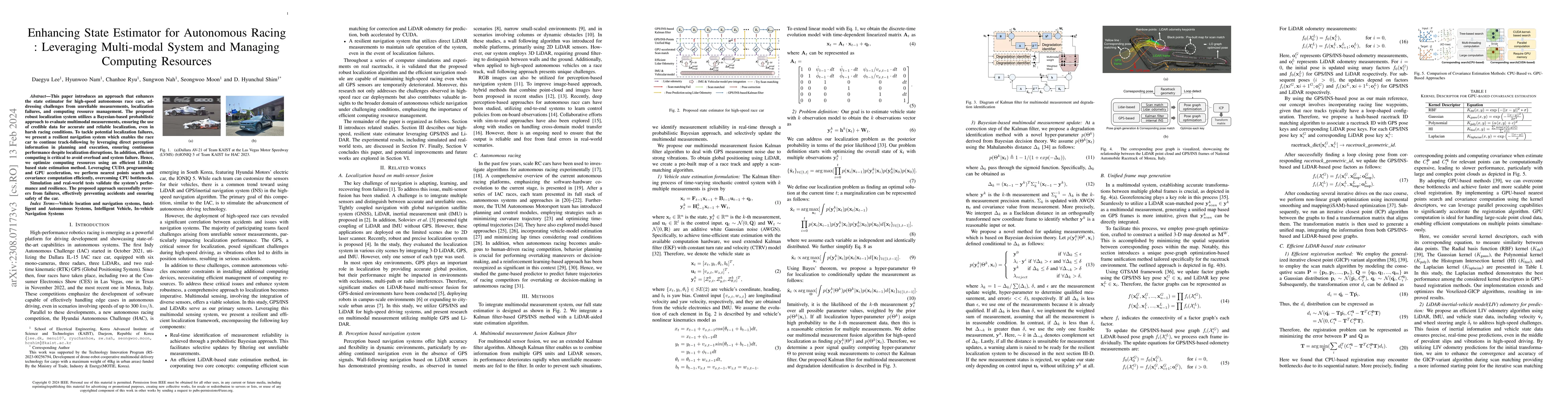 Thumbnail for Enhancing State Estimator for Autonomous Racing : Leveraging Multi-modal
  System and Managing Computing Resources