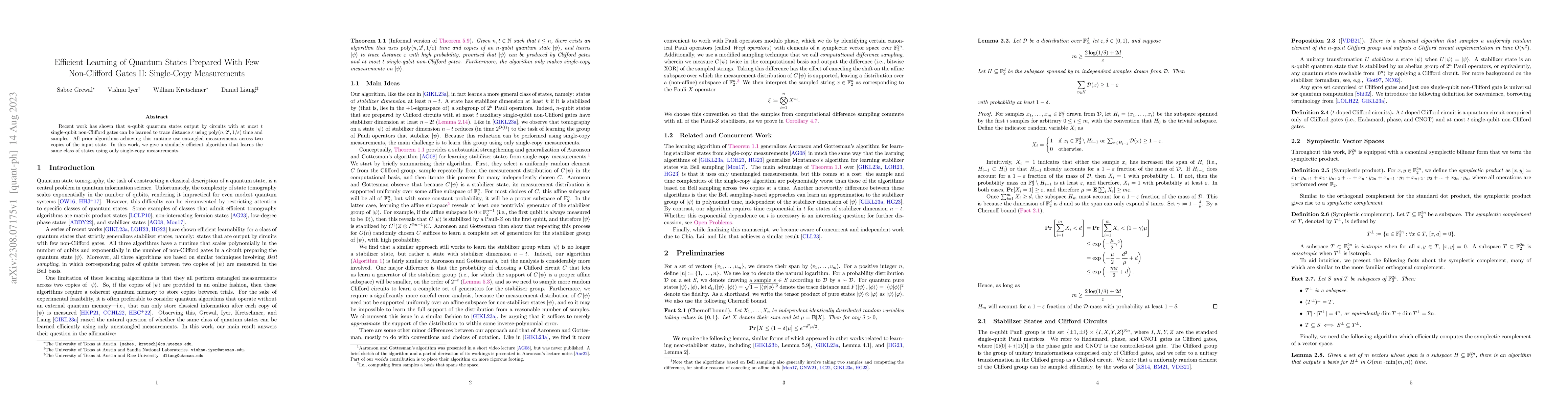 Thumbnail for Efficient Learning of Quantum States Prepared With Few Non-Clifford
  Gates II: Single-Copy Measurements