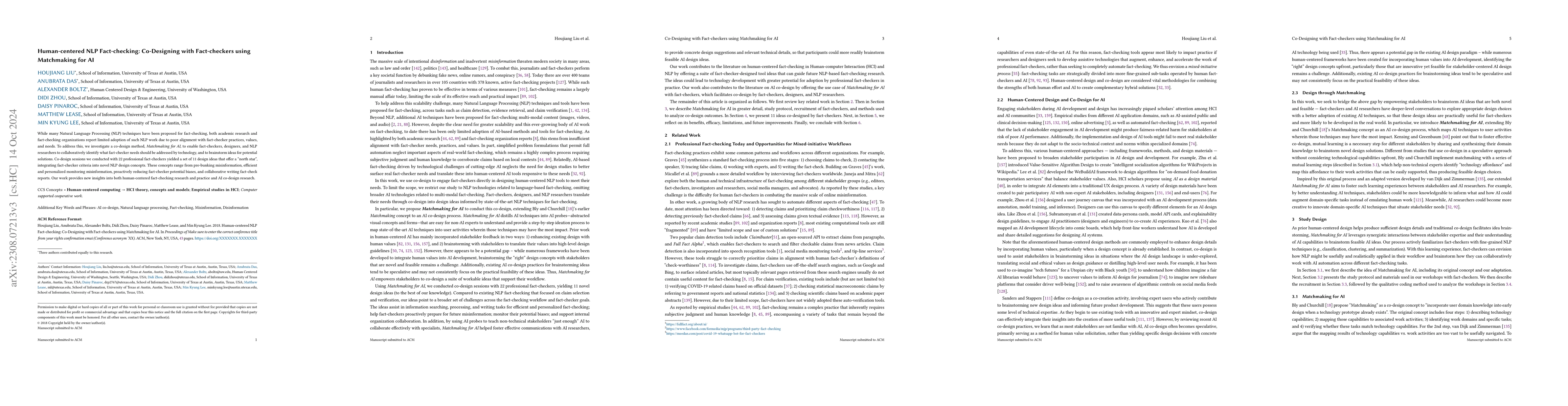 Thumbnail for Human-centered NLP Fact-checking: Co-Designing with Fact-checkers using
  Matchmaking for AI