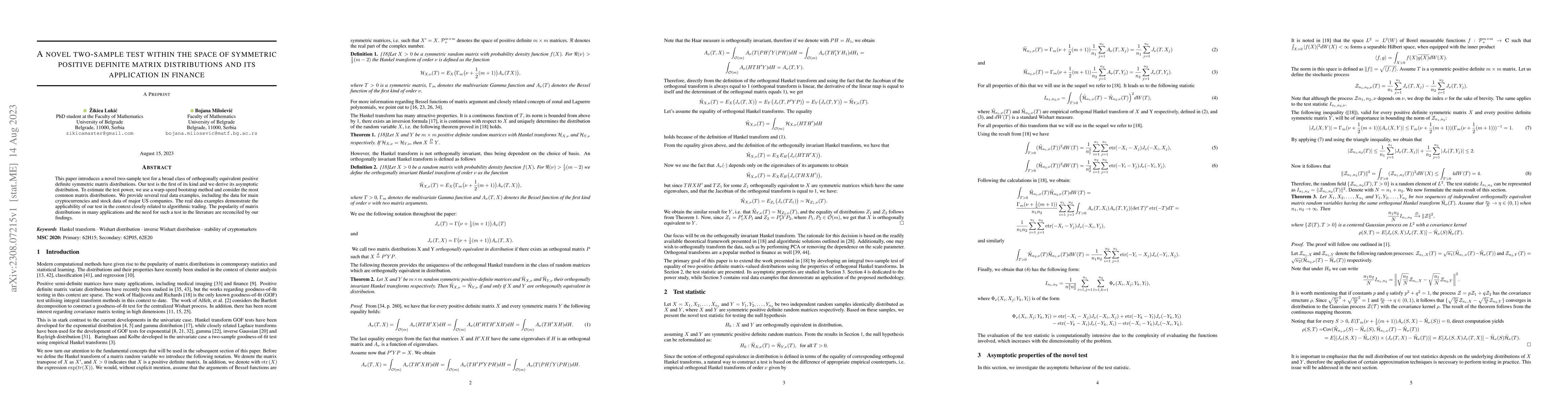 Thumbnail for A novel two-sample test within the space of symmetric positive definite
  matrix distributions and its application in finance