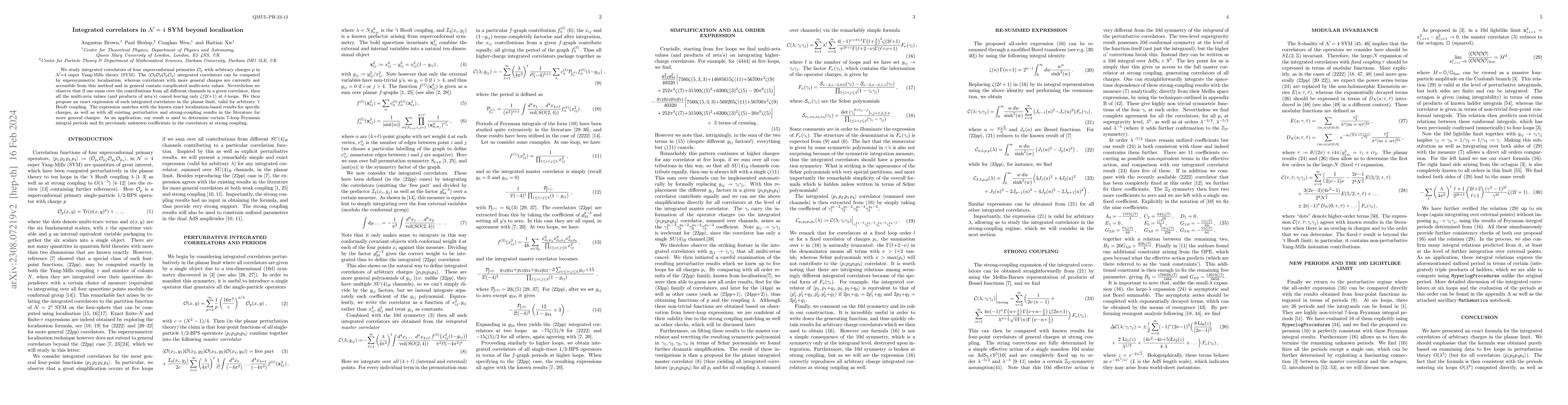Thumbnail for Integrated correlators in $\mathcal{N}=4$ SYM beyond localisation