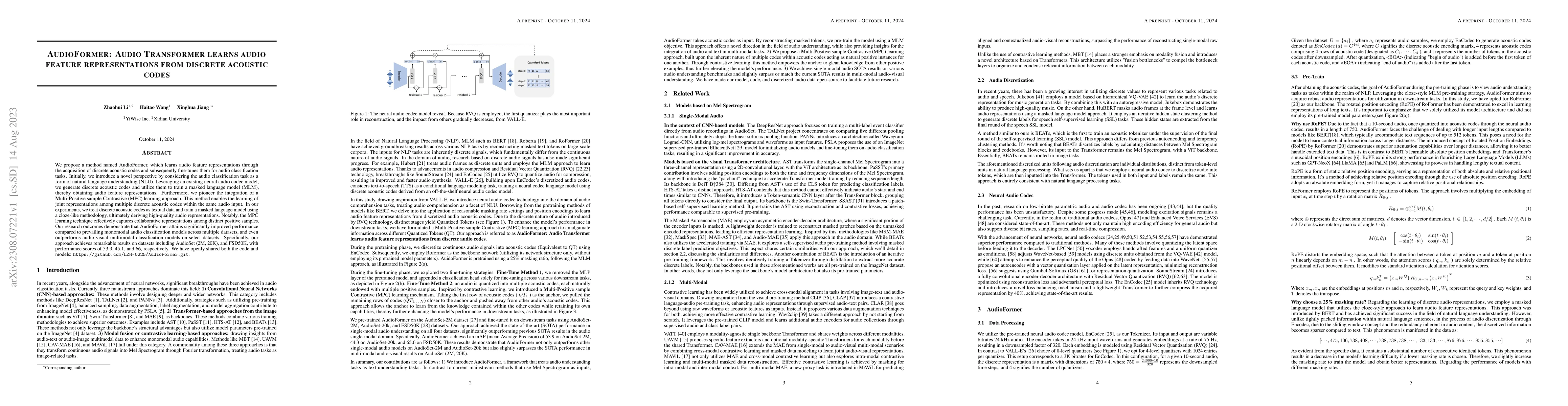Thumbnail for AudioFormer: Audio Transformer learns audio feature representations from
  discrete acoustic codes