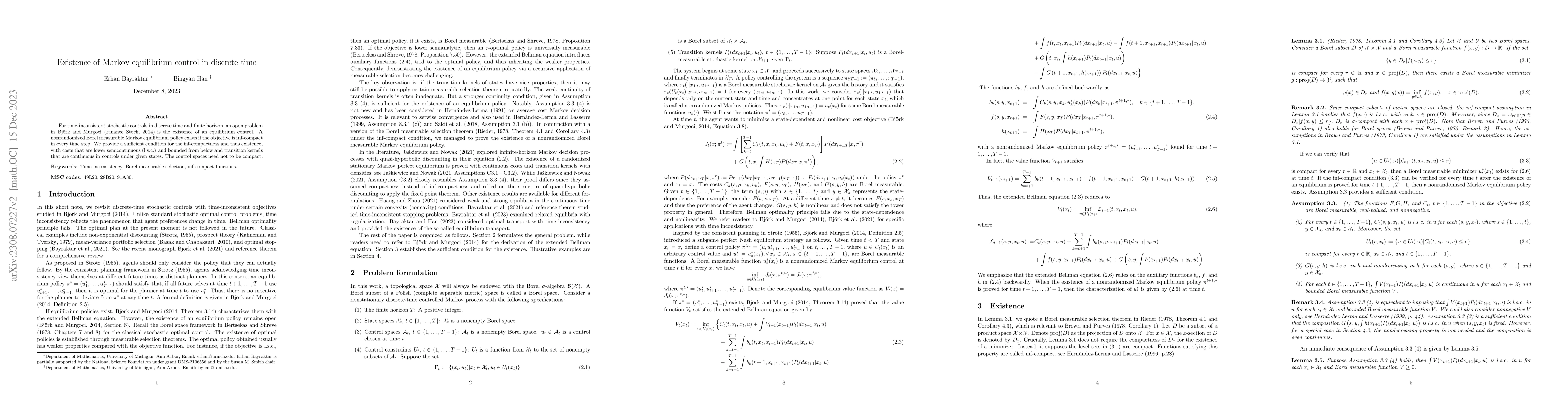 Thumbnail for Existence of Markov equilibrium control in discrete time