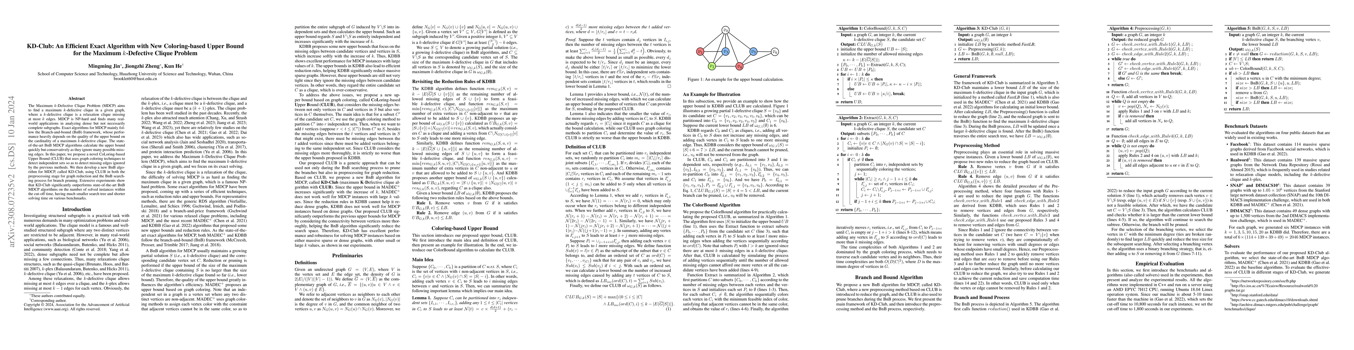 Thumbnail for KD-Club: An Efficient Exact Algorithm with New Coloring-based Upper
  Bound for the Maximum k-Defective Clique Problem