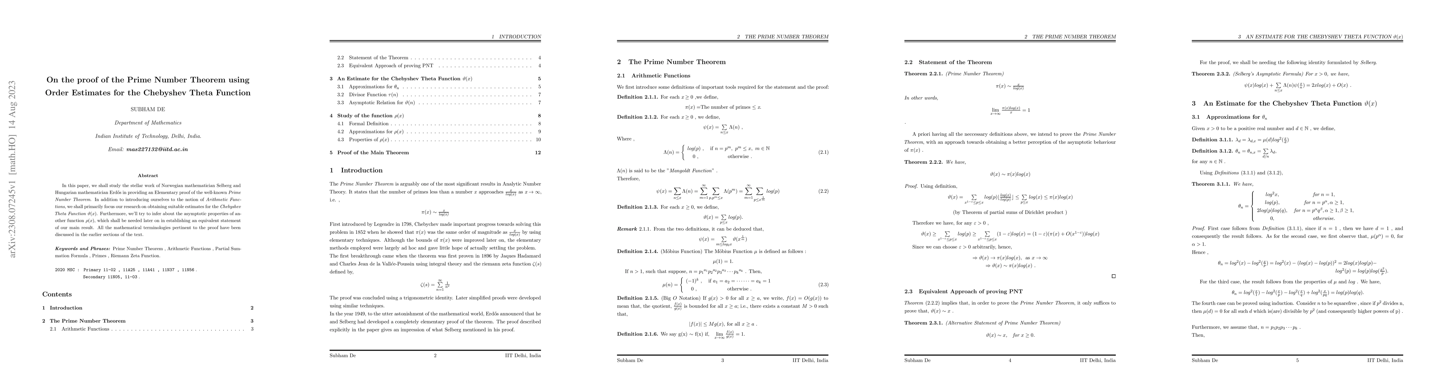 Thumbnail for On the proof of the Prime Number Theorem using Order Estimates for the
  Chebyshev Theta Function