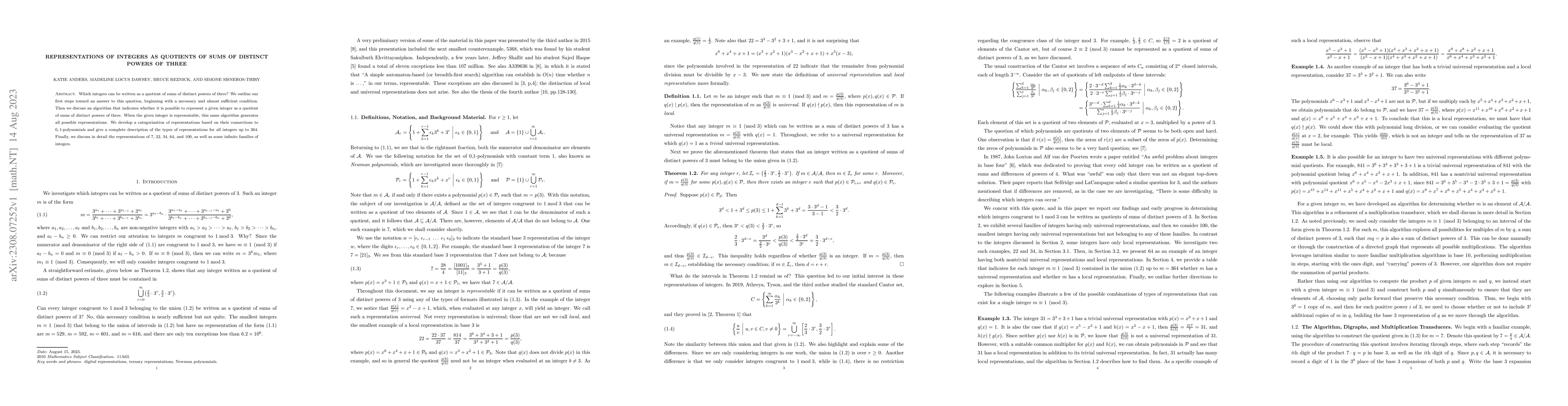 Thumbnail for Representations of integers as quotients of sums of distinct powers of
  three