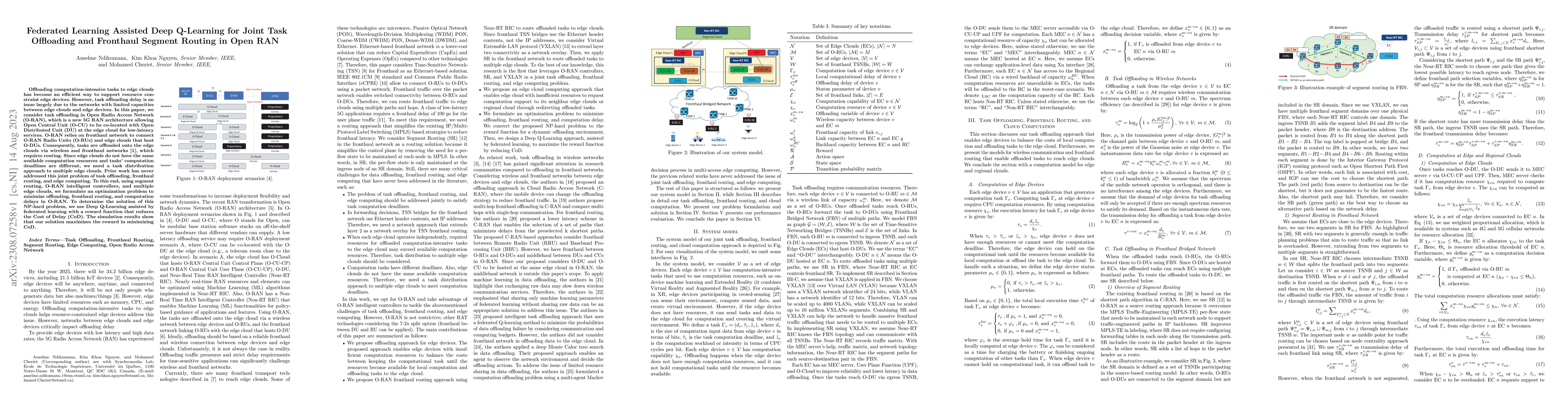 Thumbnail for Federated Learning Assisted Deep Q-Learning for Joint Task Offloading
  and Fronthaul Segment Routing in Open RAN