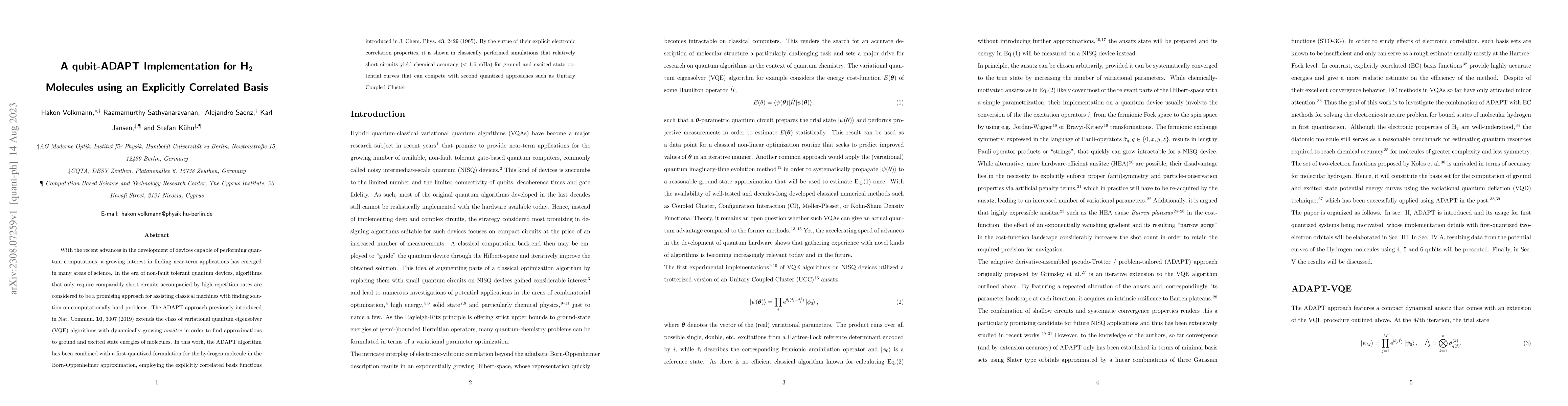 Thumbnail for A qubit-ADAPT Implementation for H$_2$ Molecules using an Explicitly
  Correlated Basis