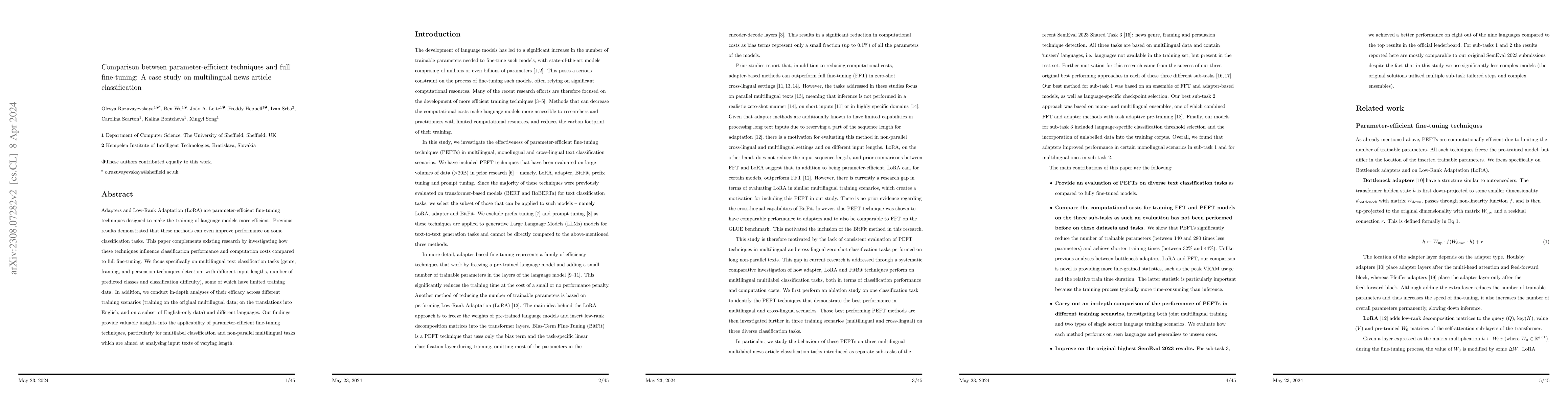 Thumbnail for Comparison between parameter-efficient techniques and full fine-tuning:
  A case study on multilingual news article classification