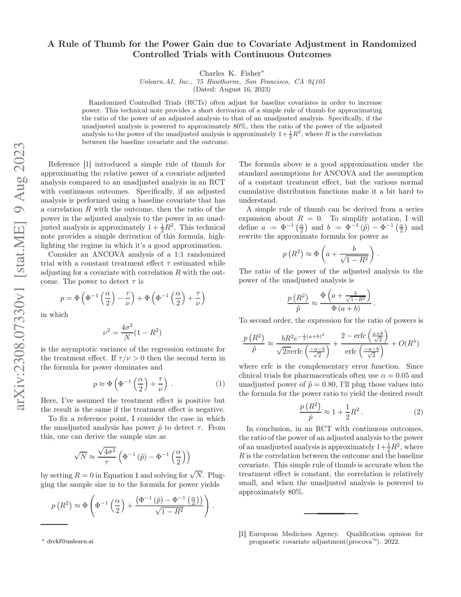 Thumbnail for A Rule of Thumb for the Power Gain due to Covariate Adjustment in
  Randomized Controlled Trials with Continuous Outcomes