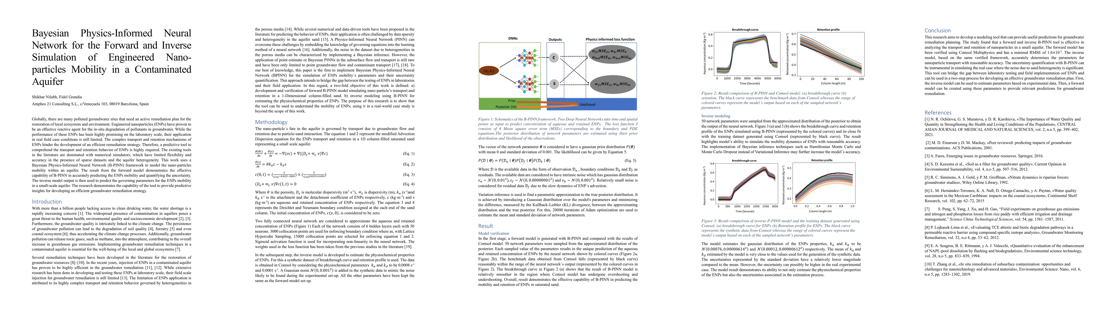 Thumbnail for Bayesian Physics-Informed Neural Network for the Forward and Inverse
  Simulation of Engineered Nano-particles Mobility in a Contaminated Aquifer