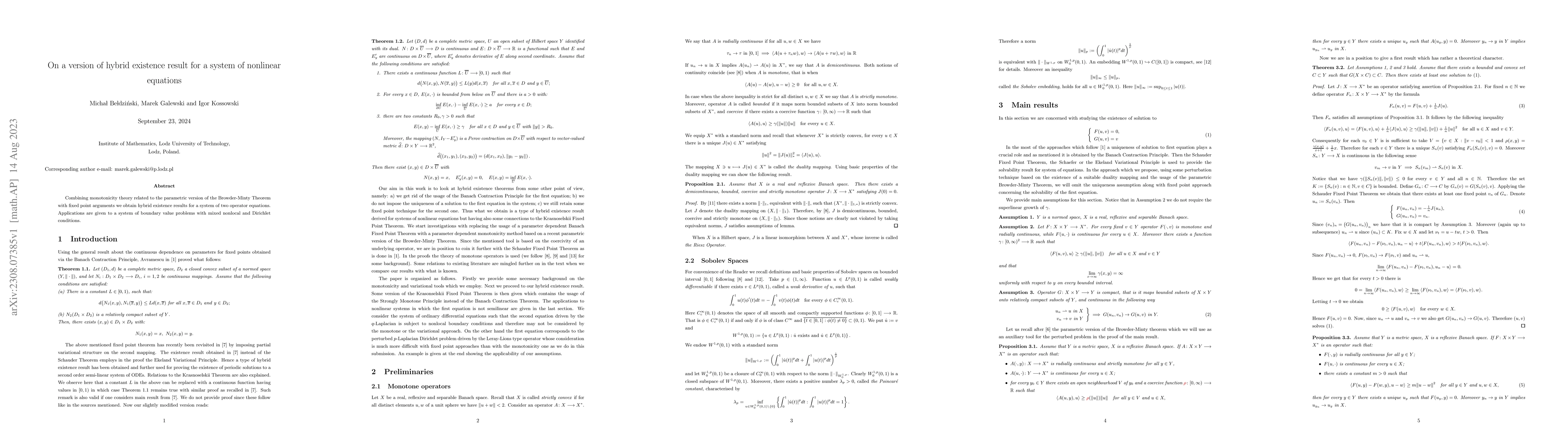 Thumbnail for On a version of hybrid existence result for a system of nonlinear
  equations