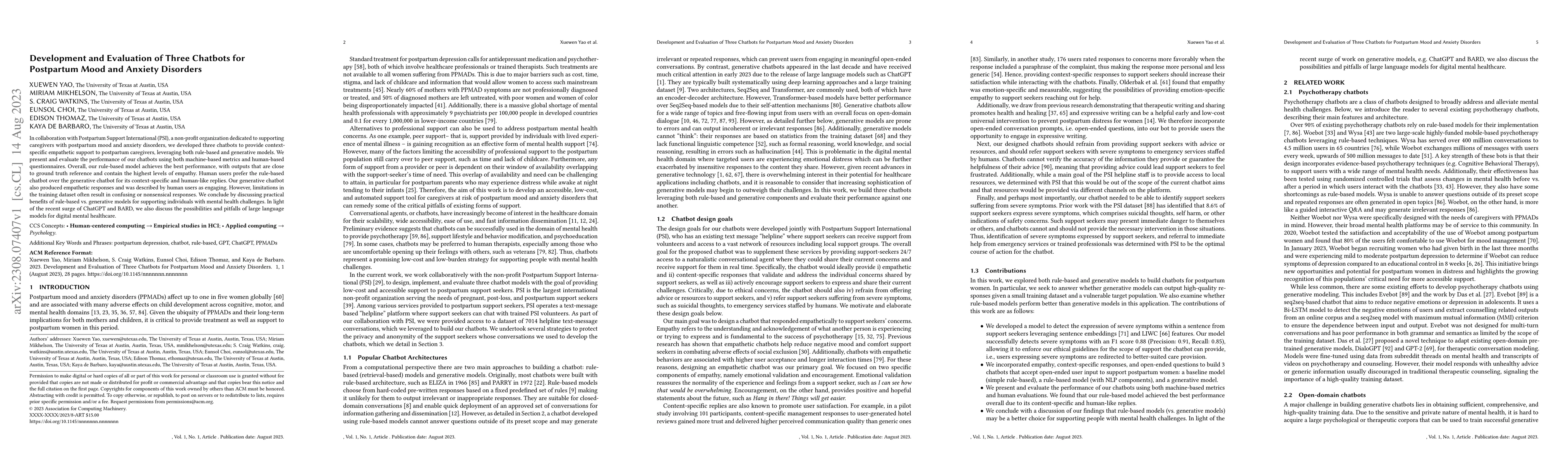 Thumbnail for Development and Evaluation of Three Chatbots for Postpartum Mood and
  Anxiety Disorders
