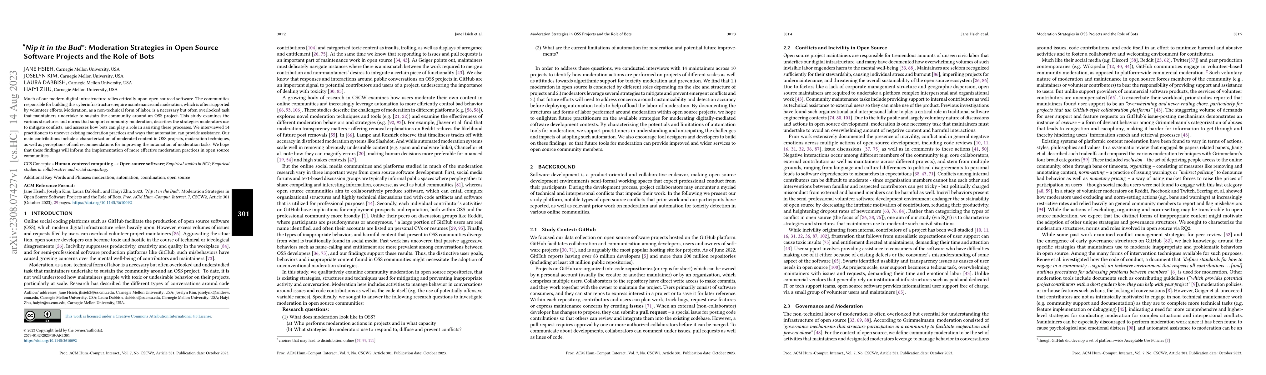 Thumbnail for Nip it in the Bud: Moderation Strategies in Open Source Software
  Projects and the Role of Bots
