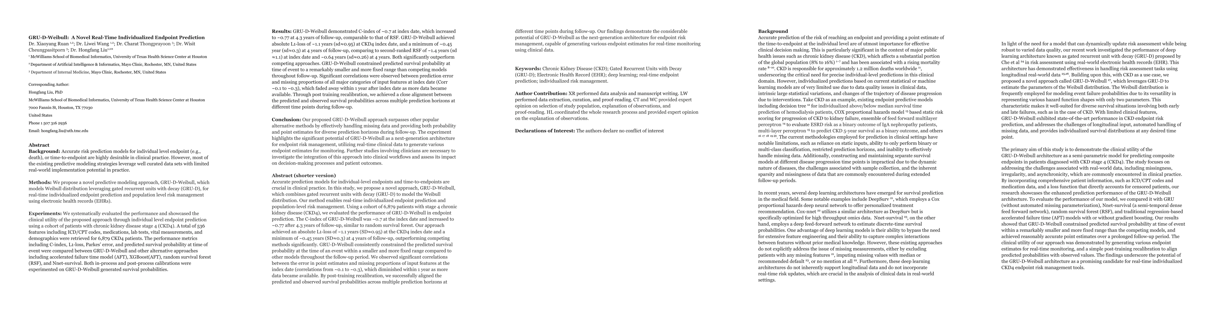 Thumbnail for GRU-D-Weibull: A Novel Real-Time Individualized Endpoint Prediction