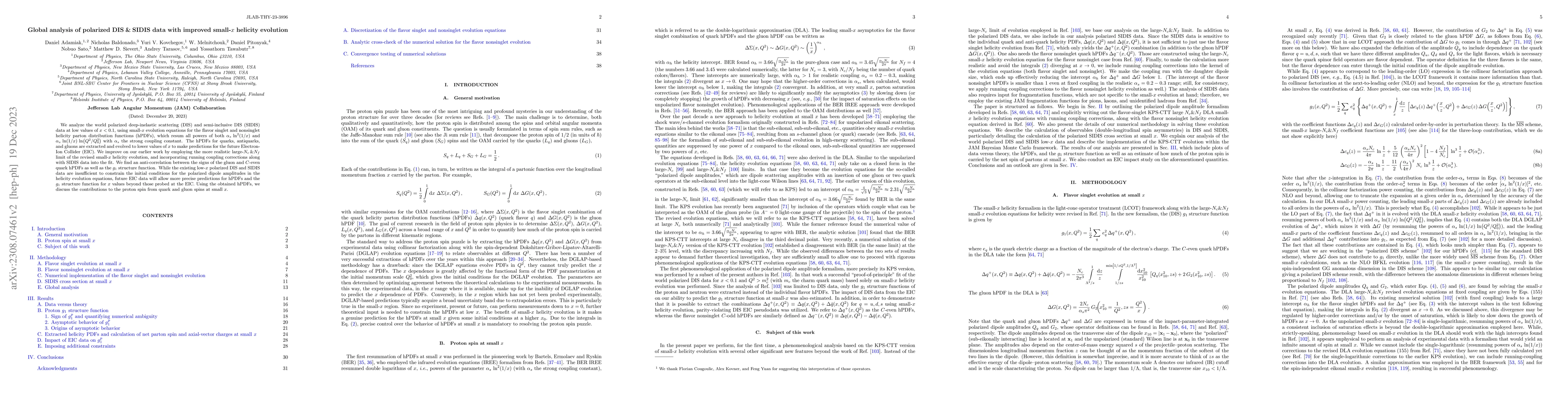 Thumbnail for Global analysis of polarized DIS & SIDIS data with improved small-$x$
  helicity evolution