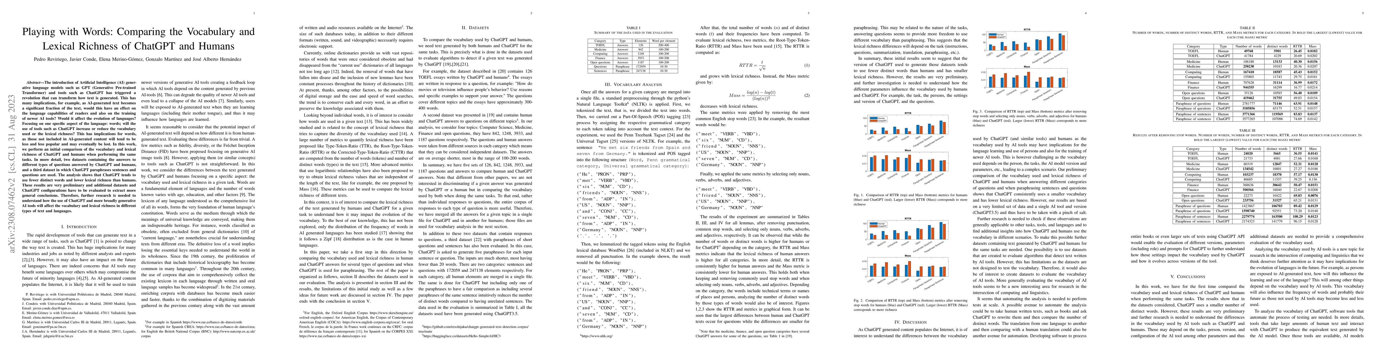 Thumbnail for Playing with Words: Comparing the Vocabulary and Lexical Richness of
  ChatGPT and Humans