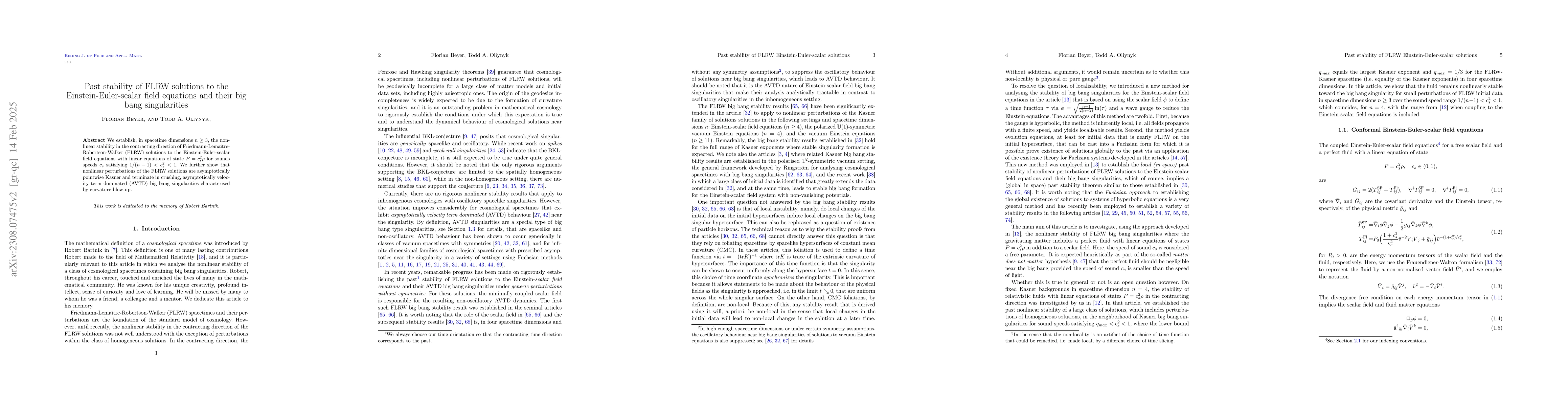 Thumbnail for Past stability of FLRW solutions to the Einstein-Euler-scalar field
  equations and their big bang singularites