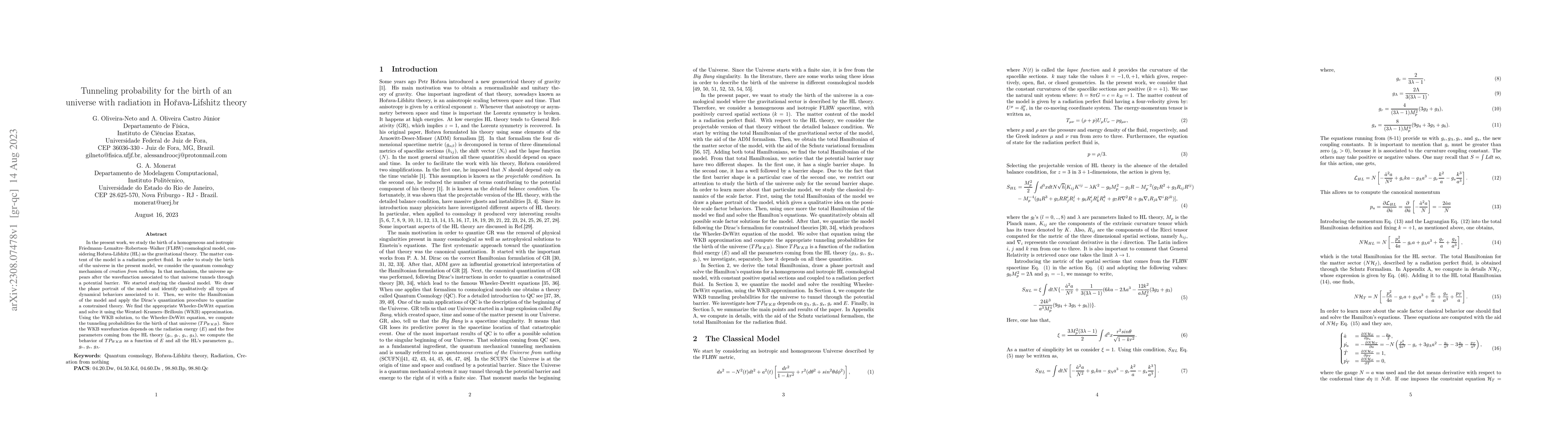 Thumbnail for Tunneling probability for the birth of an universe with radiation in
  Horava-Lifshitz theory