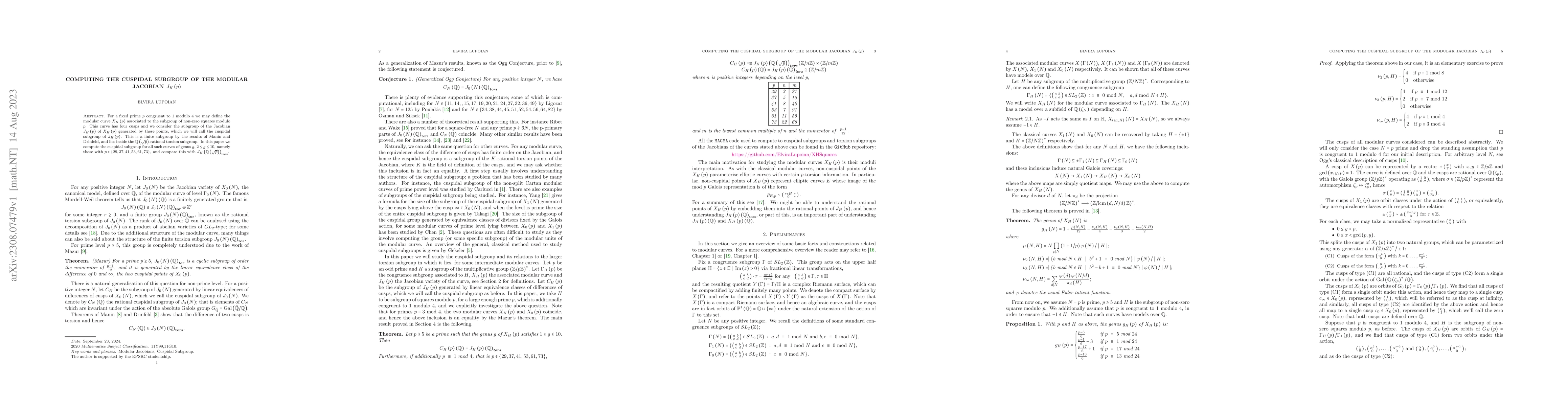 Thumbnail for Computing the Cuspidal Subgroup of the Modular Jacobian $J_{H}\left( p
  \right)$