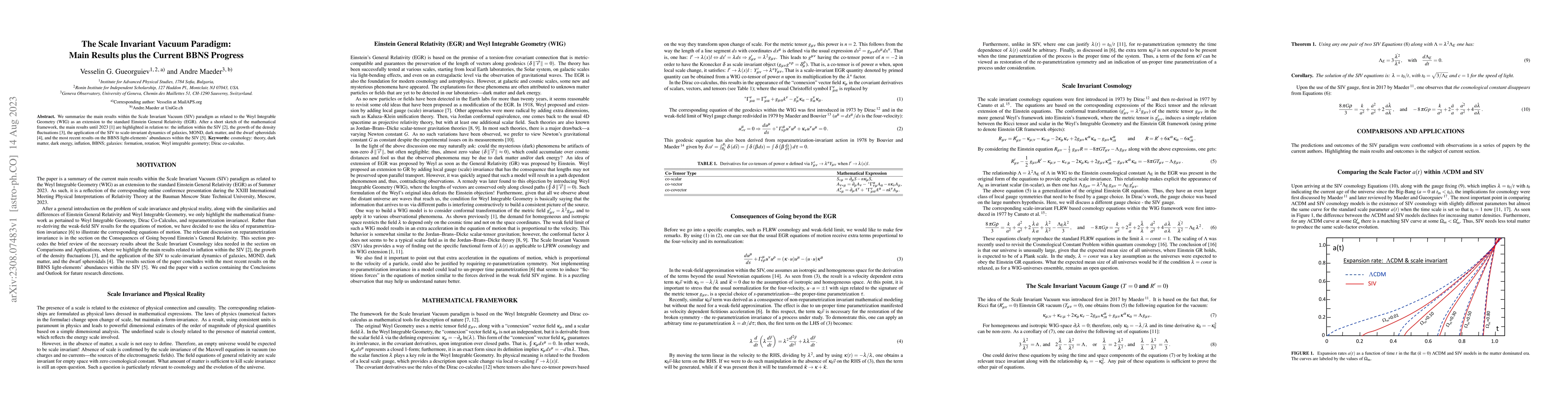 Thumbnail for The Scale Invariant Vacuum Paradigm: Main Results plus the Current BBNS
  Progress