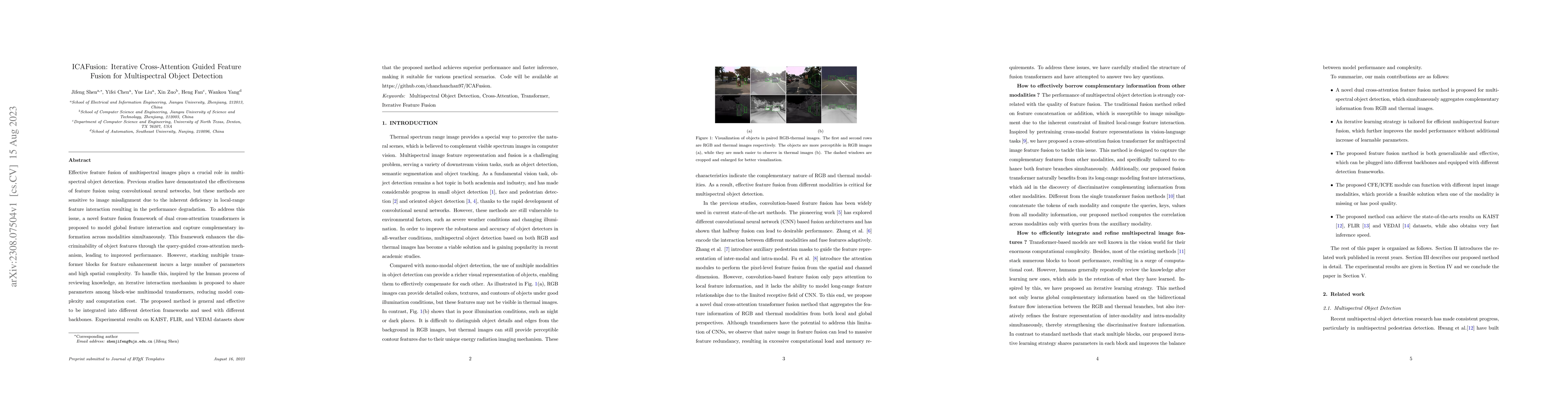 Thumbnail for ICAFusion: Iterative Cross-Attention Guided Feature Fusion for
  Multispectral Object Detection