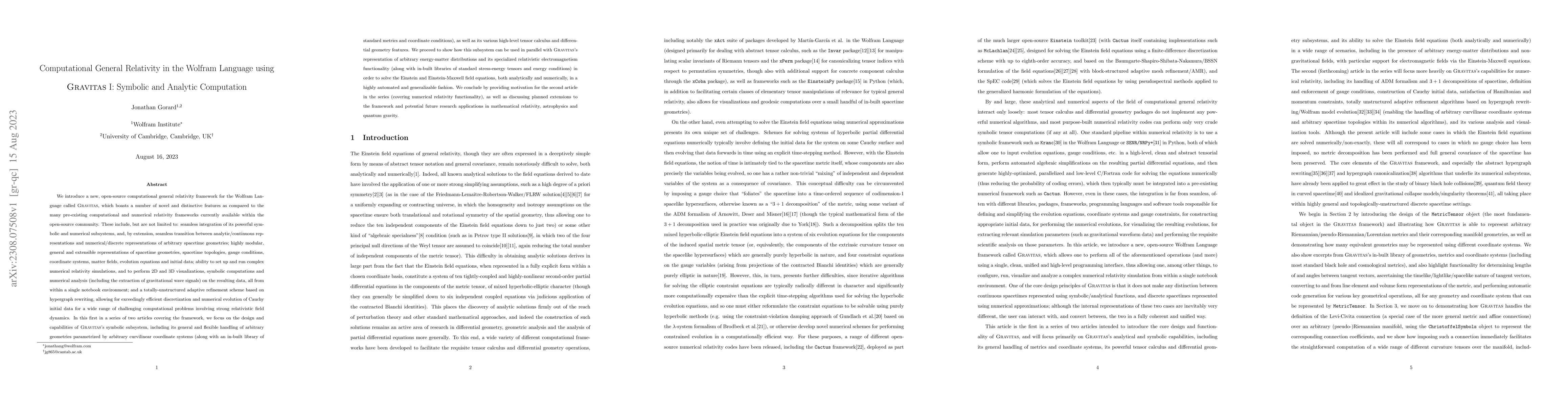 Thumbnail for Computational General Relativity in the Wolfram Language using Gravitas
  I: Symbolic and Analytic Computation