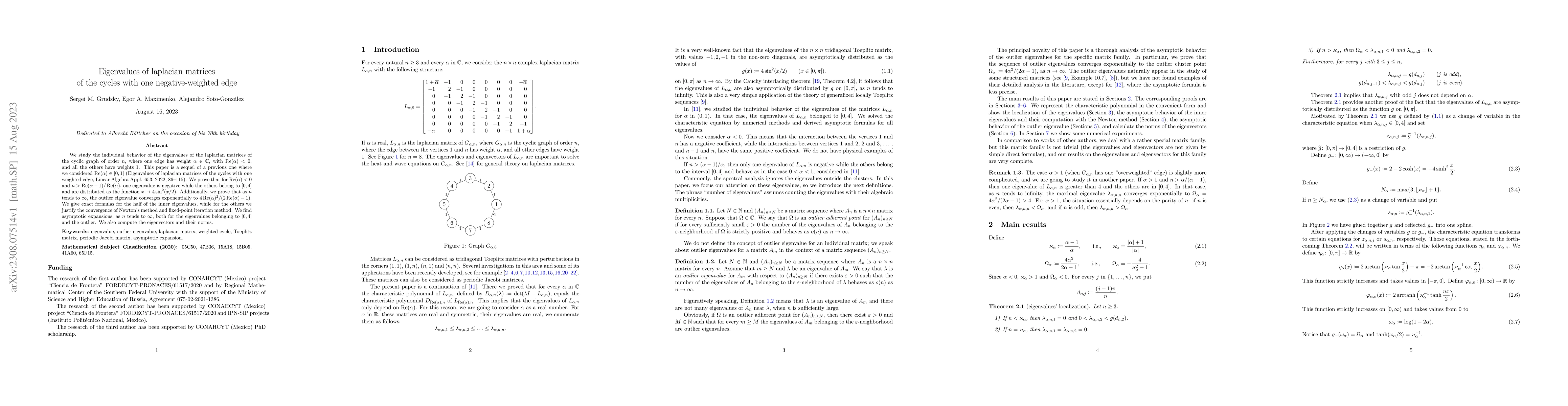 Thumbnail for Eigenvalues of laplacian matrices of the cycles with one
  negative-weighted edge