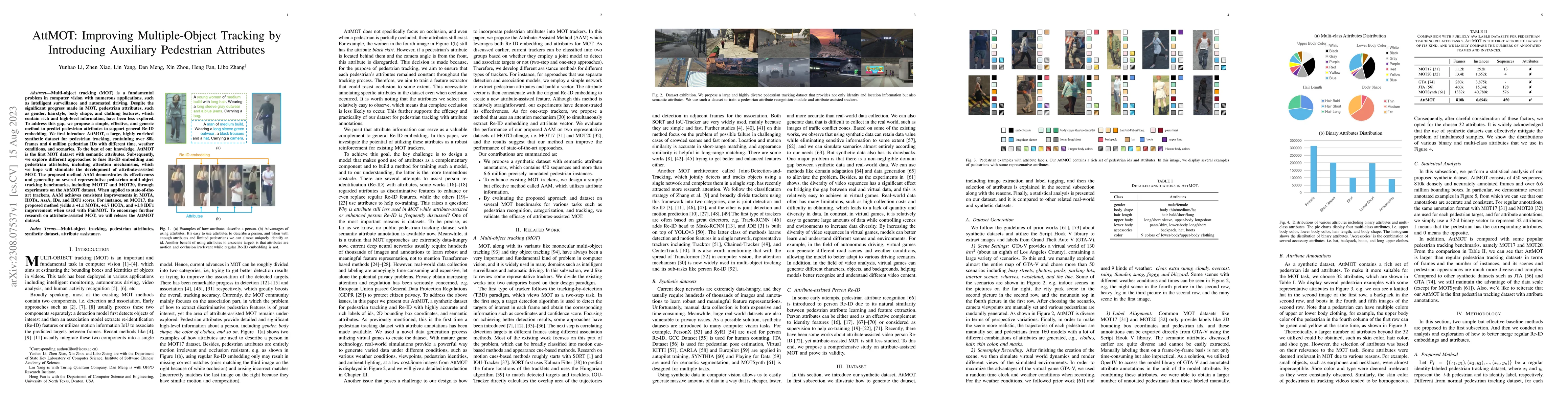 Thumbnail for AttMOT: Improving Multiple-Object Tracking by Introducing Auxiliary
  Pedestrian Attributes