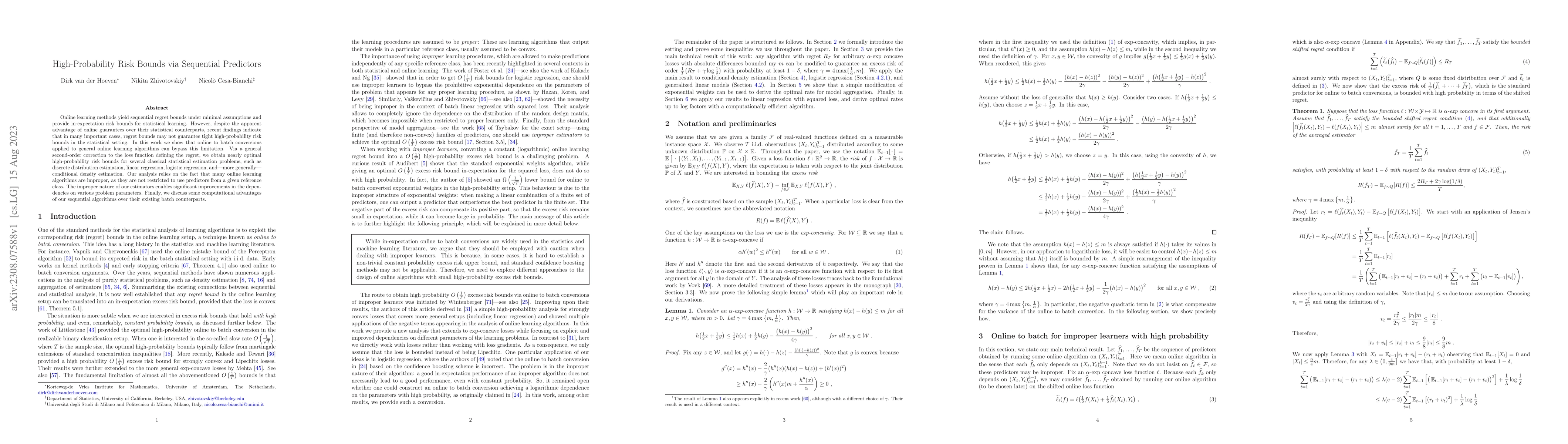 Thumbnail for High-Probability Risk Bounds via Sequential Predictors