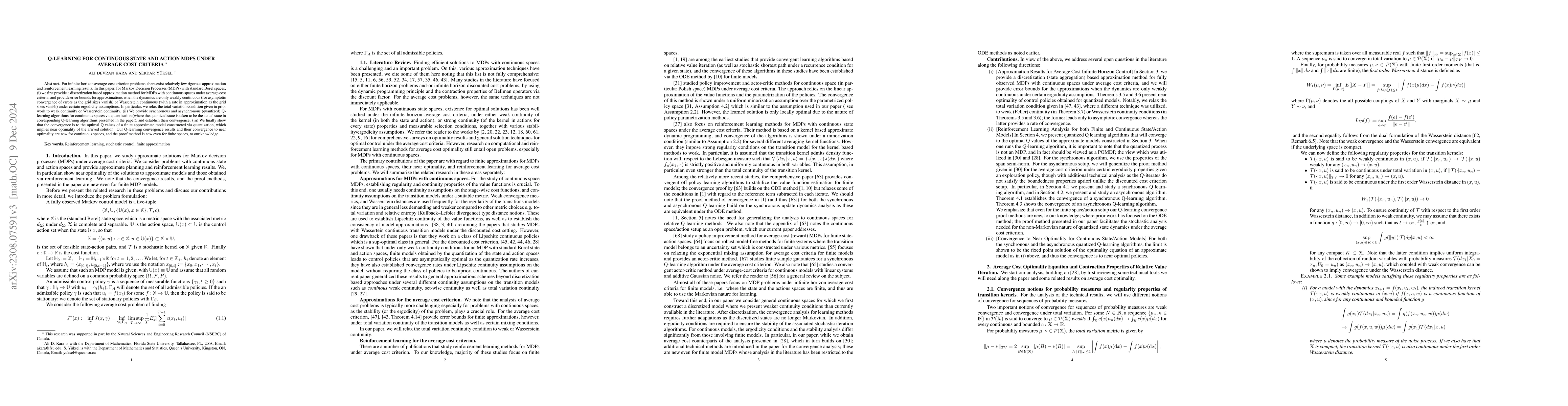 Thumbnail for Q-Learning for Continuous State and Action MDPs under Average Cost
  Criteria