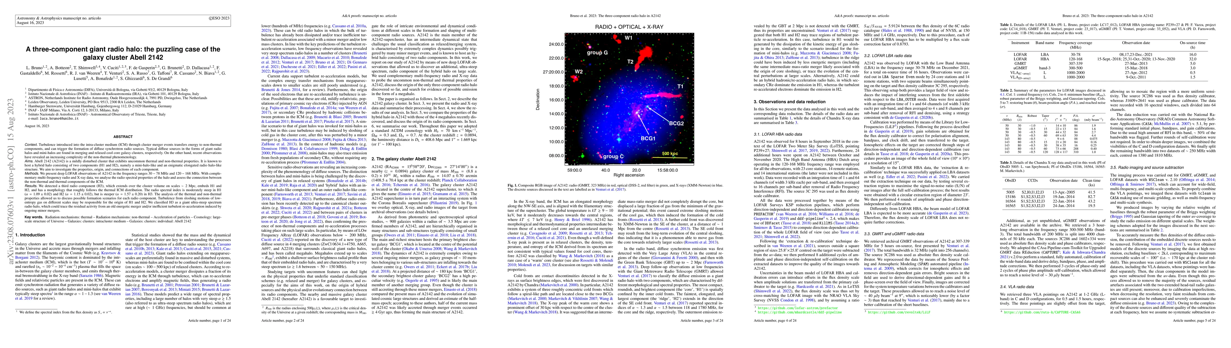 Thumbnail for A three-component giant radio halo: the puzzling case of the galaxy
  cluster Abell 2142