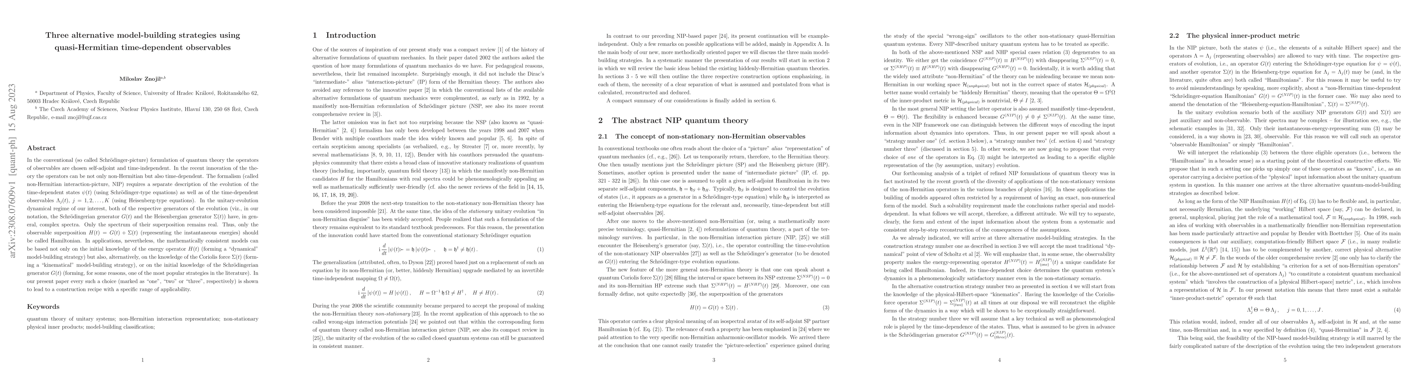 Thumbnail for Three alternative model-building strategies using quasi-Hermitian
  time-dependent observables