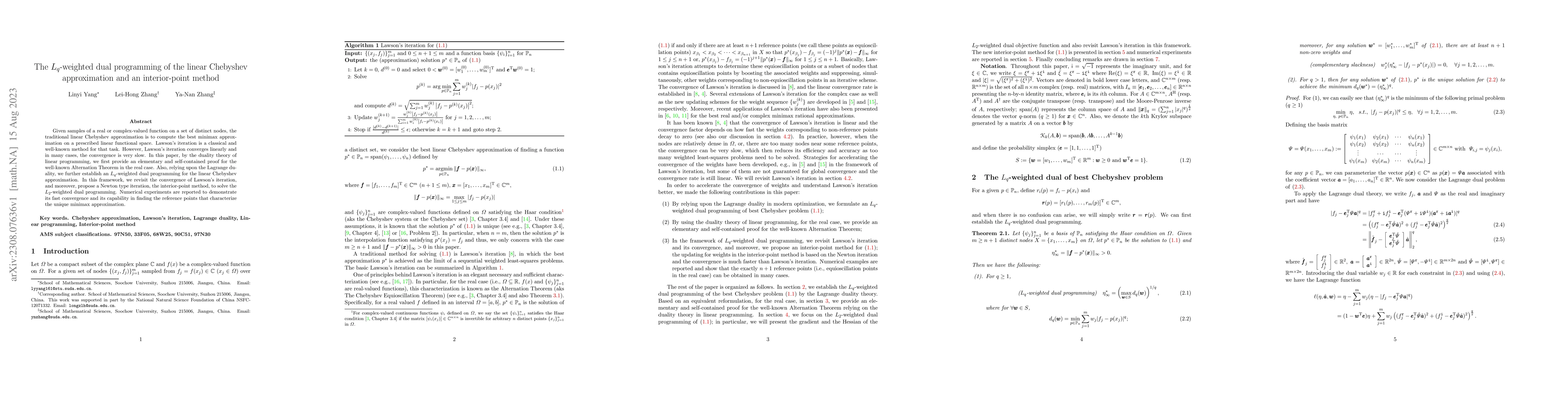 Thumbnail for The $L_q$-weighted dual programming of the linear Chebyshev
  approximation and an interior-point method