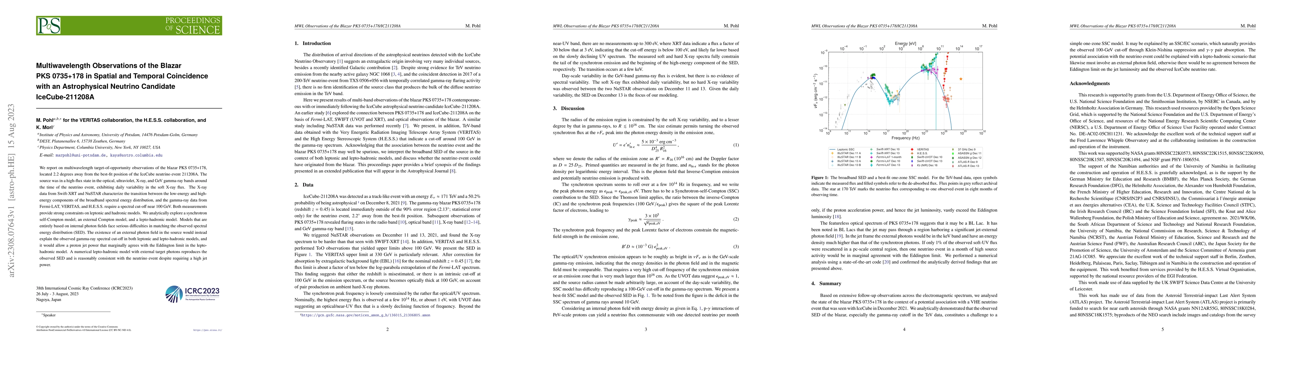 Thumbnail for Multiwavelength Observations of the Blazar PKS~0735+178 in Spatial and
  Temporal Coincidence with an Astrophysical Neutrino Candidate IceCube-211208A