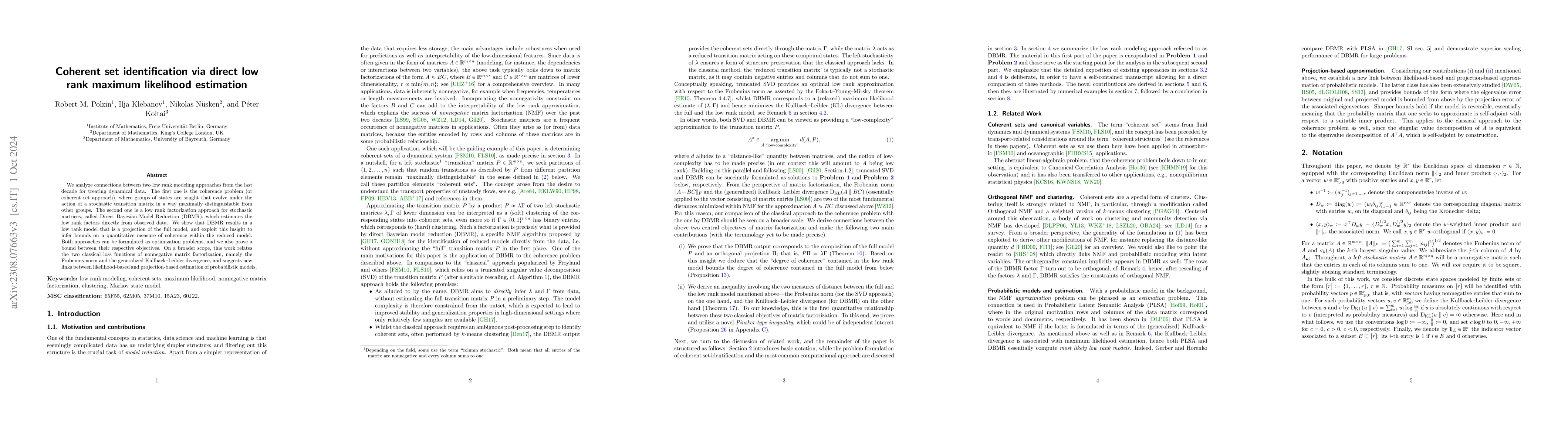 Thumbnail for Coherent set identification via direct low rank maximum likelihood
  estimation