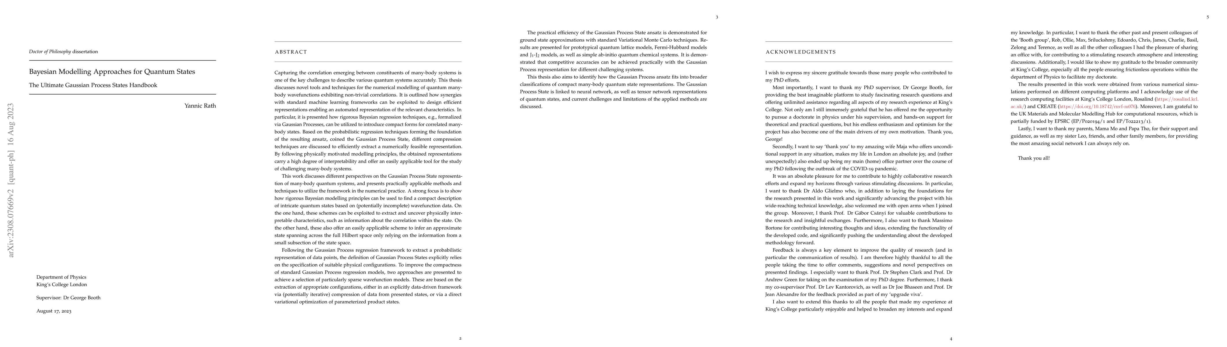 Thumbnail for Bayesian Modelling Approaches for Quantum States -- The Ultimate
  Gaussian Process States Handbook