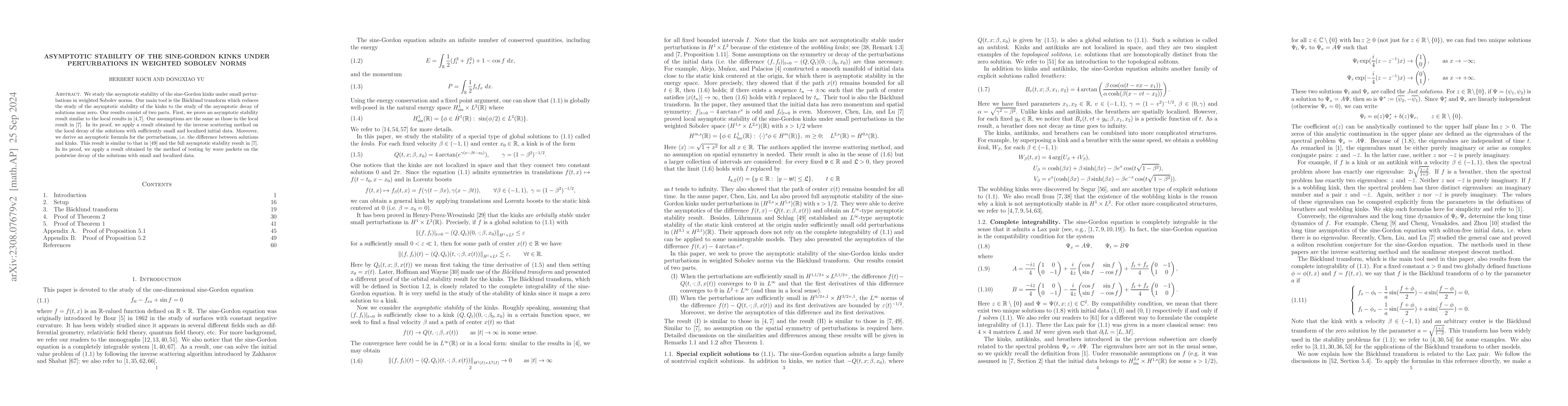 Thumbnail for Asymptotic stability of the sine-Gordon kinks under perturbations in
  weighted Sobolev norms