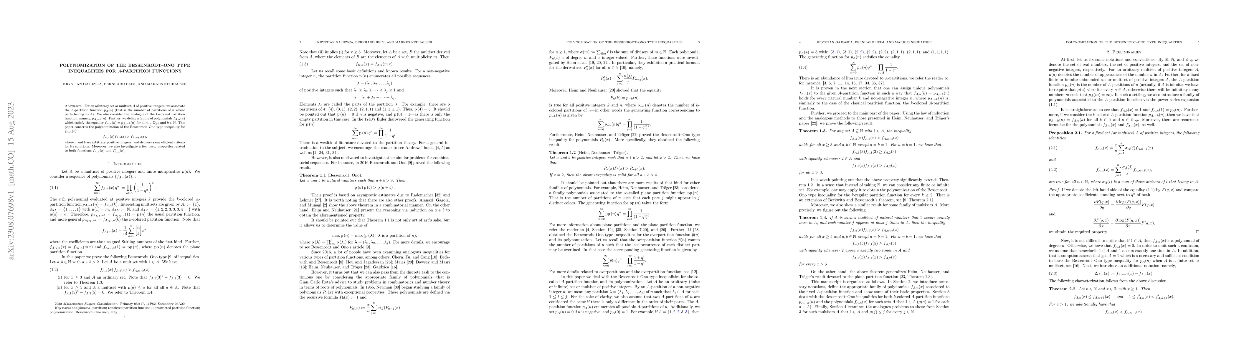 Thumbnail for Polynomization of the Bessenrodt-Ono type inequalities for A-partition
  functions