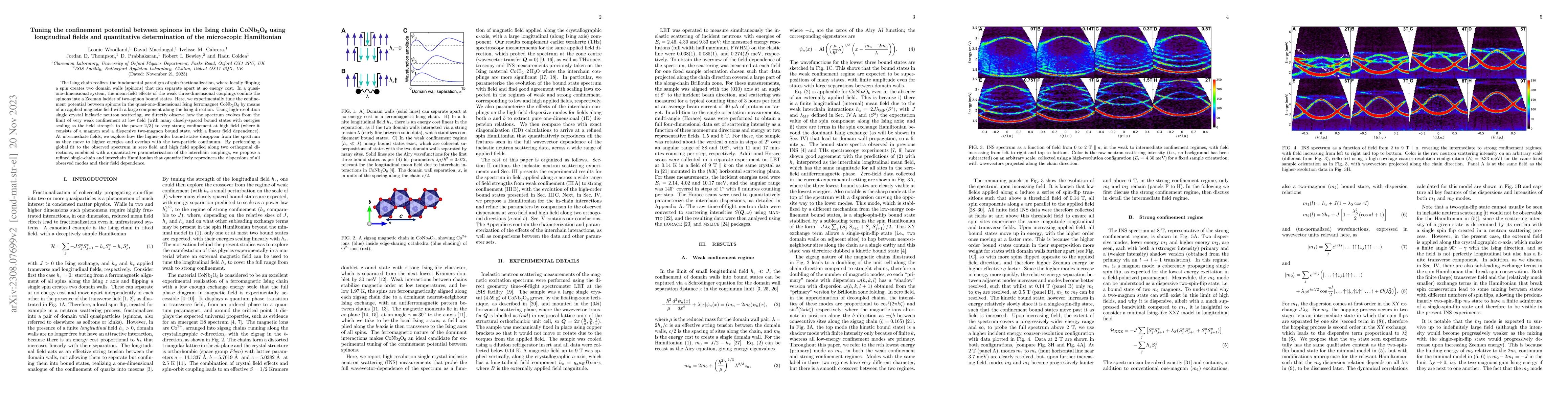 Thumbnail for Tuning the confinement potential between spinons in the Ising chain
  CoNb2O6 using longitudinal fields and quantitative determination of the
  microscopic Hamiltonian