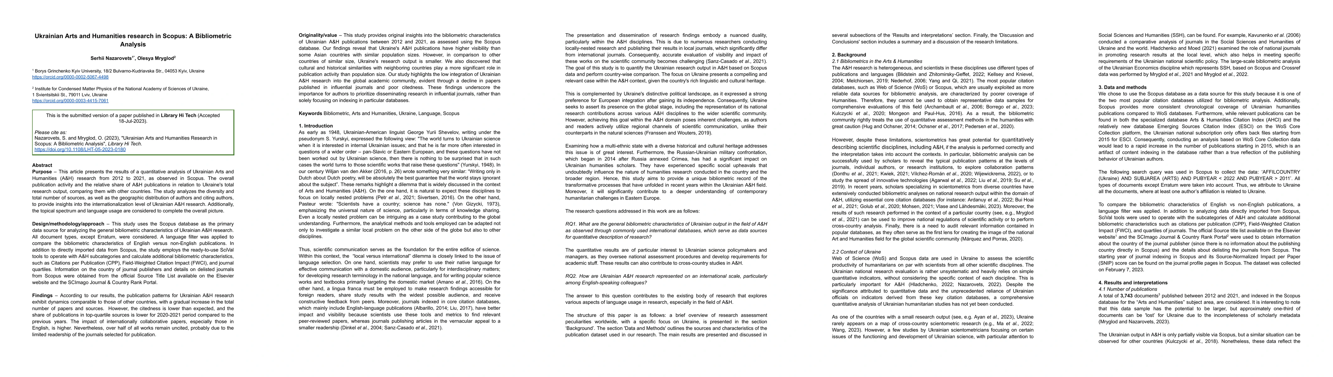 Thumbnail for Ukrainian Arts and Humanities research in Scopus: A Bibliometric
  Analysis