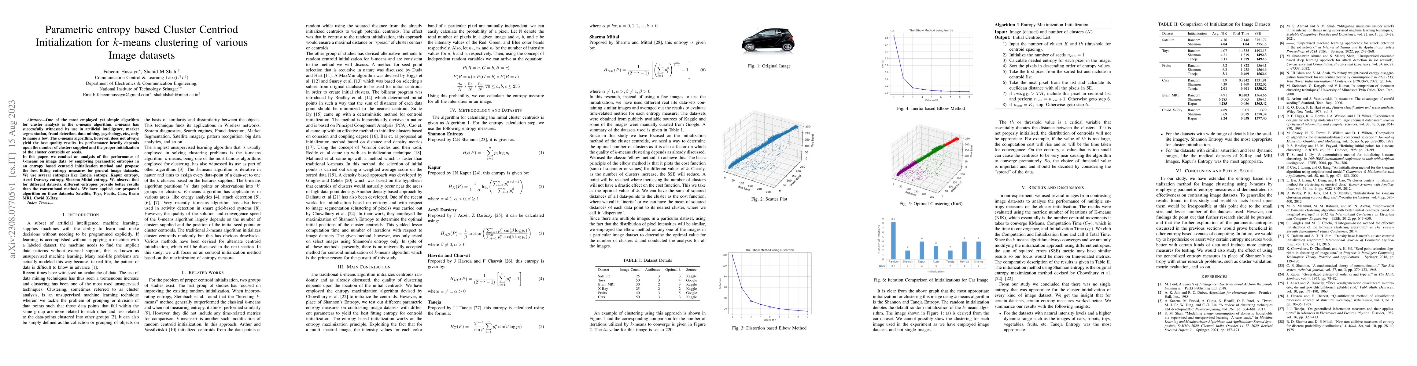 Thumbnail for Parametric entropy based Cluster Centriod Initialization for k-means
  clustering of various Image datasets