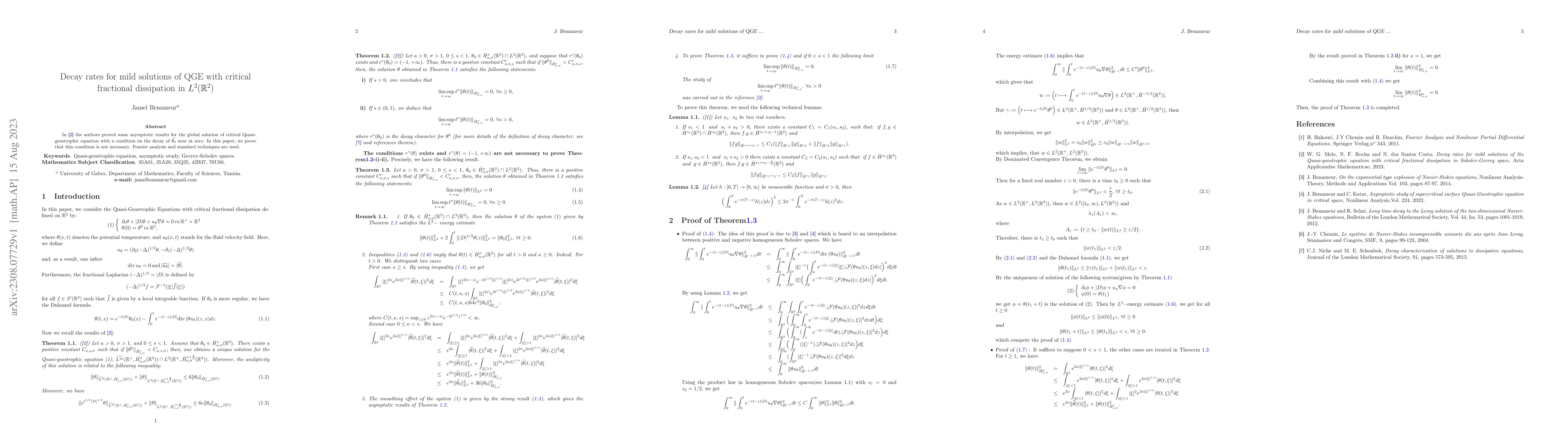 Thumbnail for Decay rates for mild solutions of QGE with critical fractional
  dissipation in $L^2(\mathbb{R}^2)$