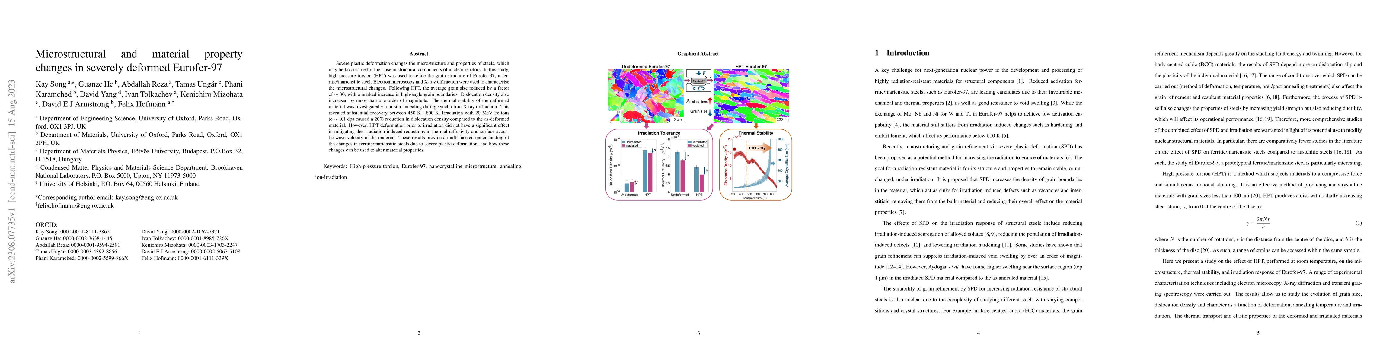 Thumbnail for Microstructural and material property changes in severely deformed
  Eurofer-97