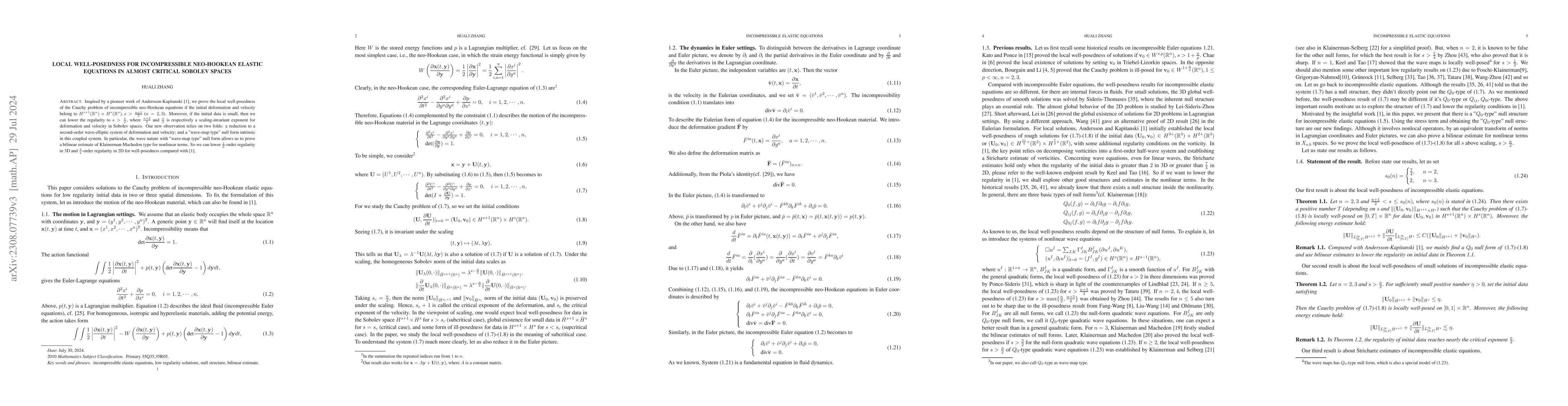 Thumbnail for Local well-posedness for incompressible neo-Hookean Elastic equations in
  almost critical Sobolev spaces