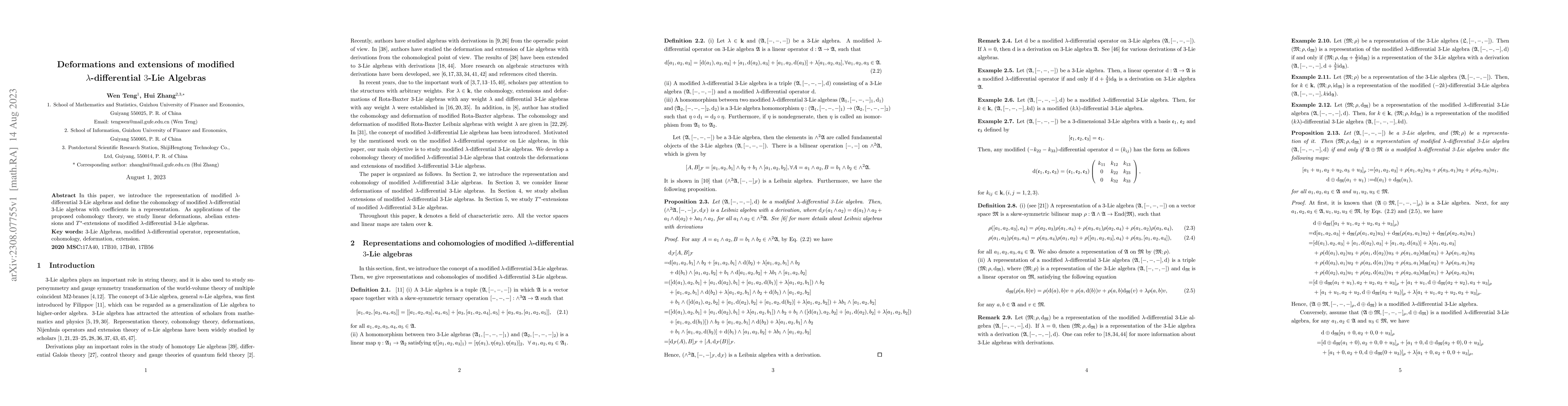 Thumbnail for Deformations and extensions of modified $\lambda$-differential $3$-Lie
  Algebras